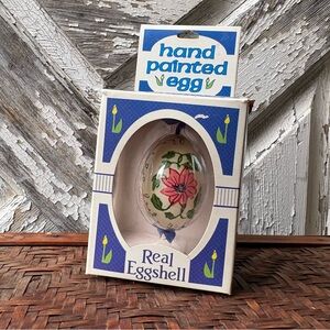 Vintage hand painted egg-real eggshell Easter decoration with blue ribbon